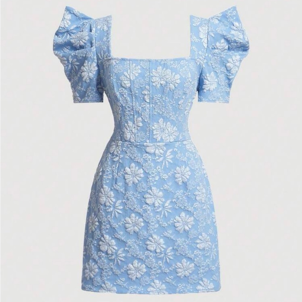 Shein Mod Floral Square Neck Puff Sleeve Mini Dress, Coquette Romantic Party, S.